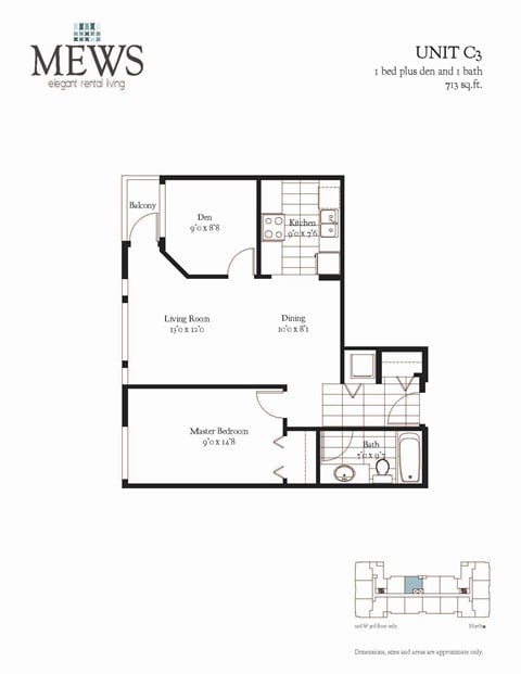 Floor plan for 1 bed, 1 bath, 713 sqft
